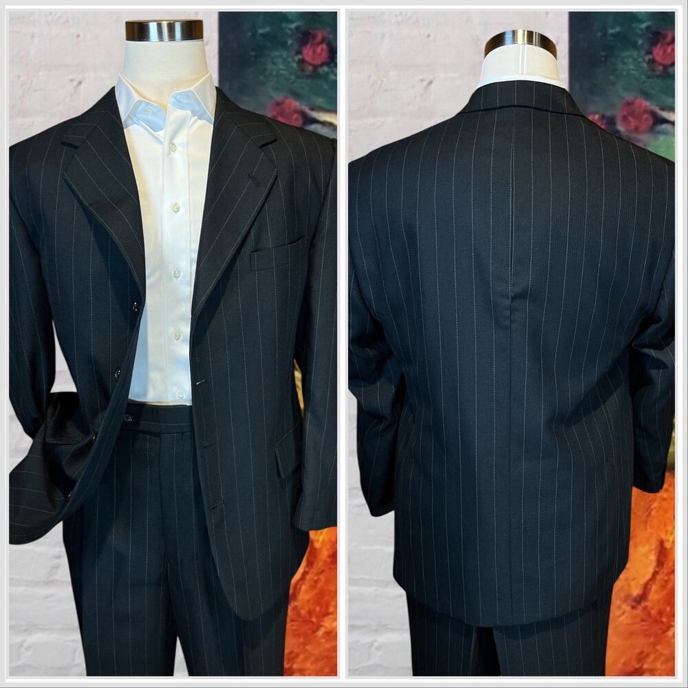 Vintage Franco Lanzetti Mens 46R 38x29 Black Gray Banker's Stripe 4 Btn Suit - Picture 2 of 16